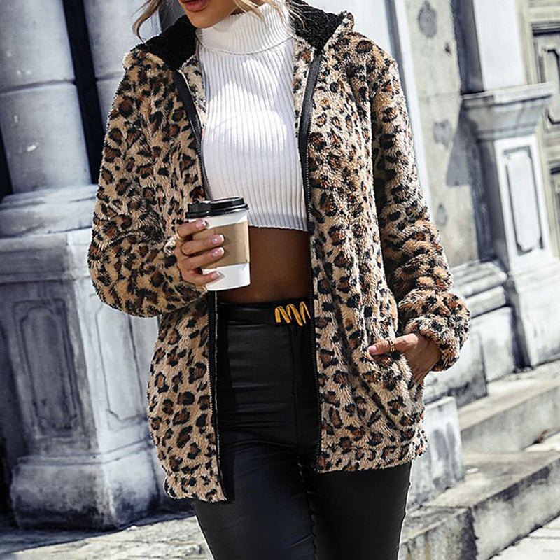 Women's Fuzzy Leopard Jacket, Hooded Plush Zip Up Coat For Fall Winter