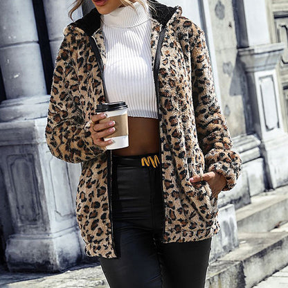 Women's Fuzzy Leopard Jacket, Hooded Plush Zip Up Coat For Fall Winter