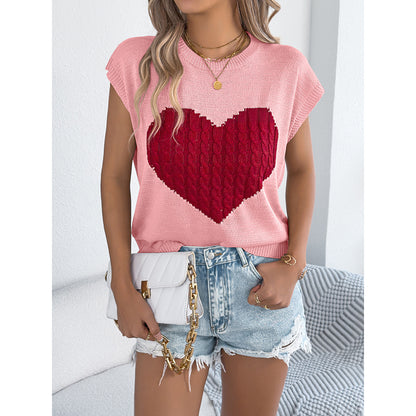 Women's Heart Color Block Knit Top - Casual Sleeveless Valentine Shirt