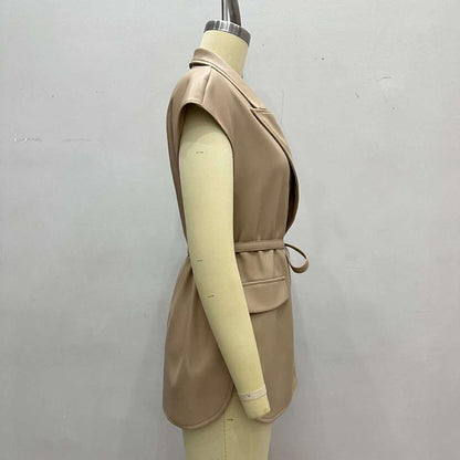 Women's Faux Leather Vest, Lapel Collar Sleeveless Casual Work Jacket With Belt