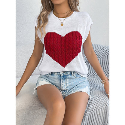 Women's Heart Color Block Knit Top - Casual Sleeveless Valentine Shirt