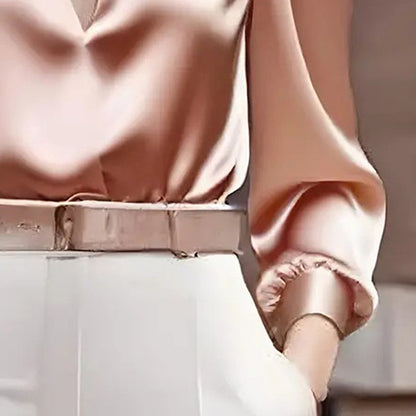 Women's Elegant V-Neck Long Sleeve Solid Color Satin Top Slim Fit Blouse For Office Party & Daily Wear
