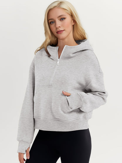 Winter Home And Outdoor Half-zip Hoodie With Thumbhole Sleeves And A Large Front Pocket. Suitable For Hiking, Running, Cycling, Gym, And Home Wear. Made With Quick-dry, Wrinkle-free Fabric.