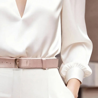 Women's Elegant V-Neck Long Sleeve Solid Color Satin Top Slim Fit Blouse For Office Party & Daily Wear