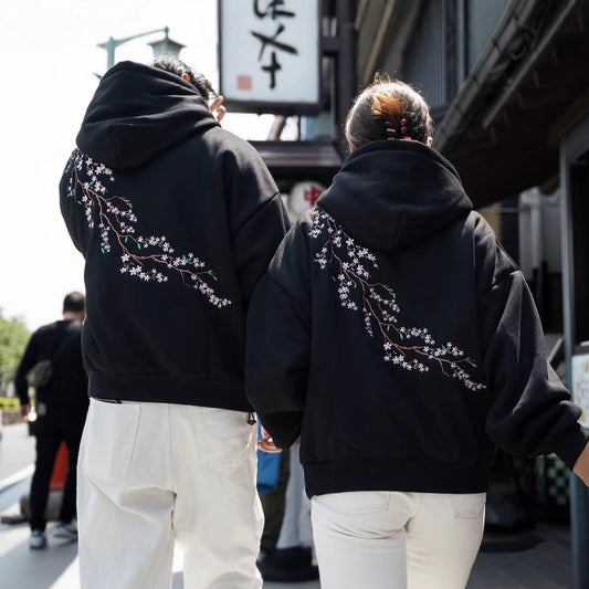 European And American Autumn And Winter Cherry Blossom Hooded Sweater Men And Women Street Hip Hop Retro