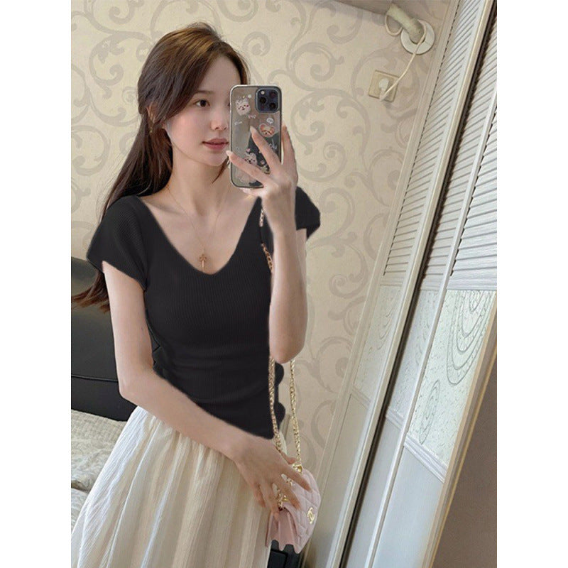 Cream-yellow V-neck Cap-sleeve Short-sleeve Womens Summer Top