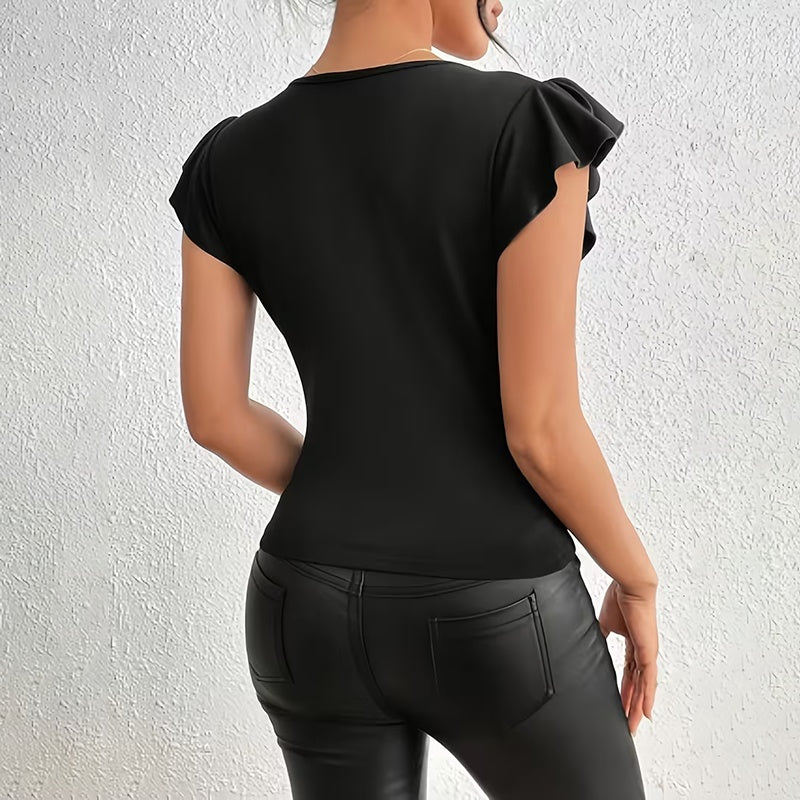 Women Summer Ruffle Tops Sexy Mesh Panel Short Sleeve Shirts Trendy Casual  Slim Fitted Tees Blouse