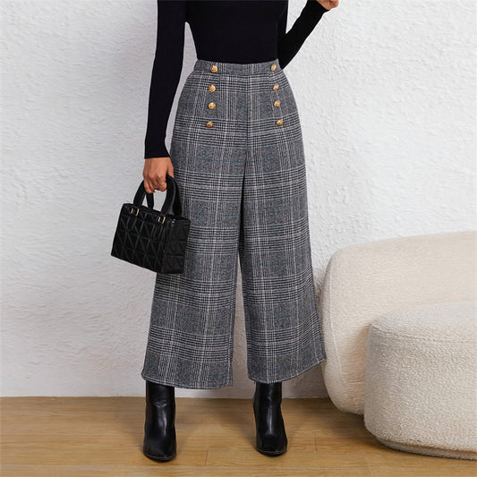 Women's Spring Fashion Plaid Wide-Leg Ninth Pants With Double-Breasted Decoration For Daily Office Wear