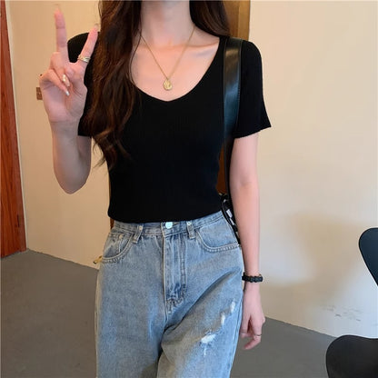 Cream-yellow V-neck Cap-sleeve Short-sleeve Womens Summer Top