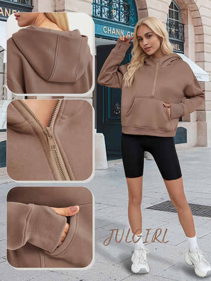Winter Home And Outdoor Half-zip Hoodie With Thumbhole Sleeves And A Large Front Pocket. Suitable For Hiking, Running, Cycling, Gym, And Home Wear. Made With Quick-dry, Wrinkle-free Fabric.