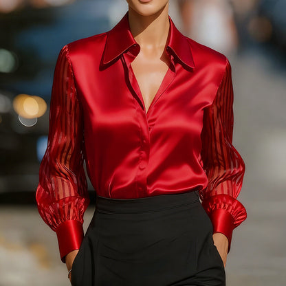 Elegant Women's Satin Blouse - Classic Lapel Collar, Sheer Long Sleeve, Button-Down Shirt With Smooth Flowy Design For Spring & Autumn Office Wear