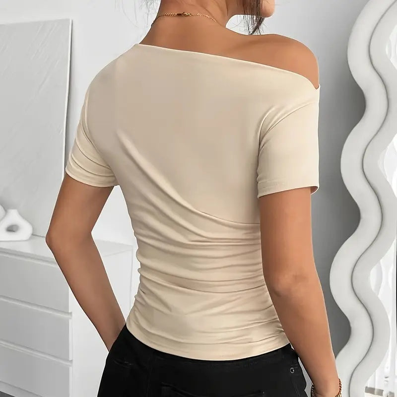 Women's Y2K Ruched One-Shoulder Top - Short Sleeve Slim Fit Summer Shirt