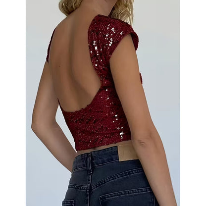 Women's Sexy Backless Sequin Top Glittery Shimmering Party Wear
