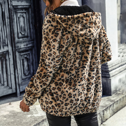 Women's Fuzzy Leopard Jacket, Hooded Plush Zip Up Coat For Fall Winter