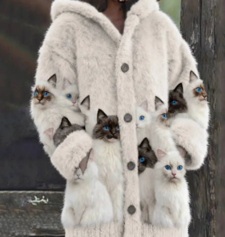 Womens Printed Cat-Design Jacket Top