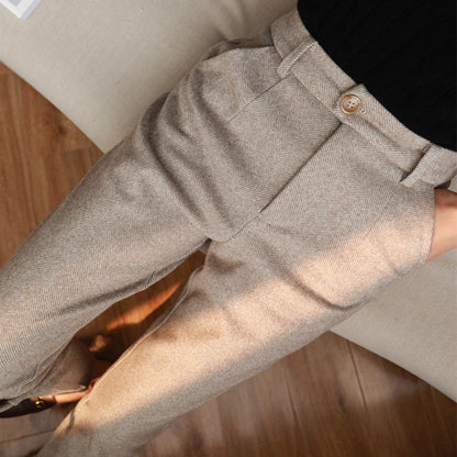 Women's Solid Color Wool-Like Tapered Trousers, Classic Ankle-Length Pants For Office And Formal Wear