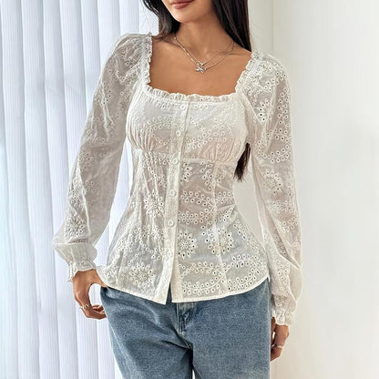 Women's Square Neck Puff Sleeve Eyelet Lace Hollow Out Button Top Blouse