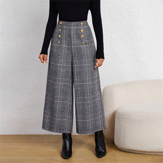 Women's Spring Fashion Plaid Wide-Leg Ninth Pants With Double-Breasted Decoration For Daily Office Wear