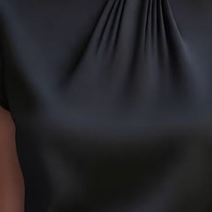 Women's Elegant Solid Color High-Neck Satin Short Sleeve Top, Summer Office Blouse With Ruffle Detail