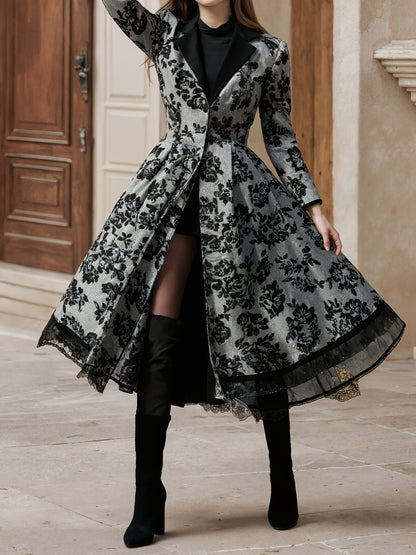 2025 New Women's Evening Dress, Lace Decoration, Collar, Flower Print Press, Long Sleeve, Dance Dress