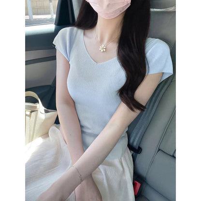 Cream-yellow V-neck Cap-sleeve Short-sleeve Womens Summer Top