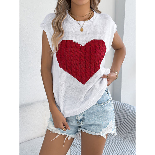 Women's Heart Color Block Knit Top - Casual Sleeveless Valentine Shirt