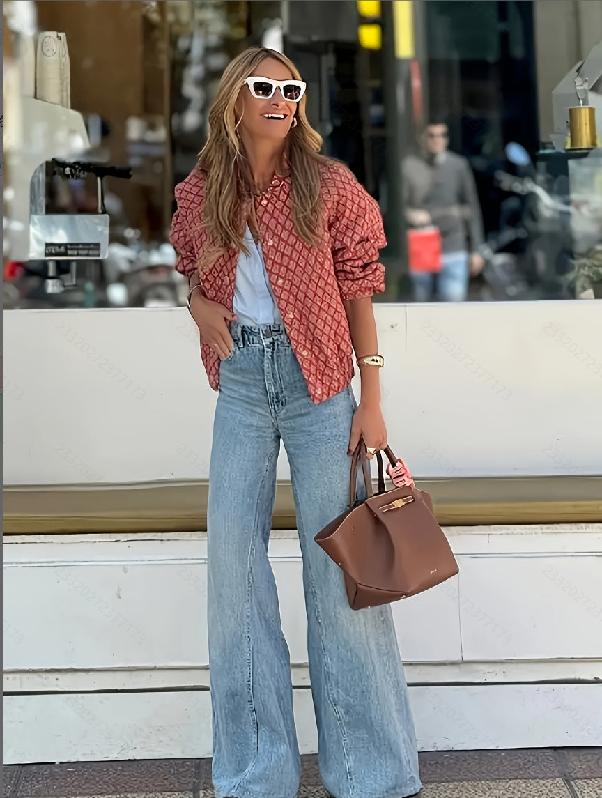 Womens Letter-Print Jacket With Buttons And Long Sleeves