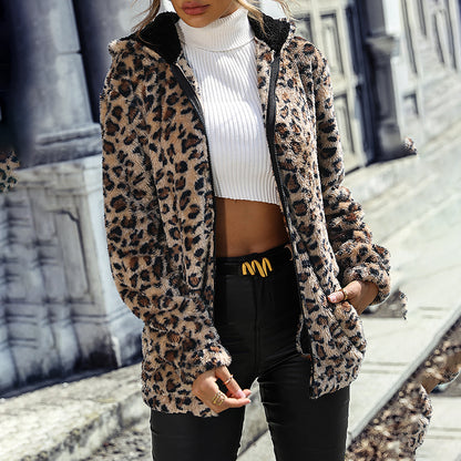 Women's Fuzzy Leopard Jacket, Hooded Plush Zip Up Coat For Fall Winter