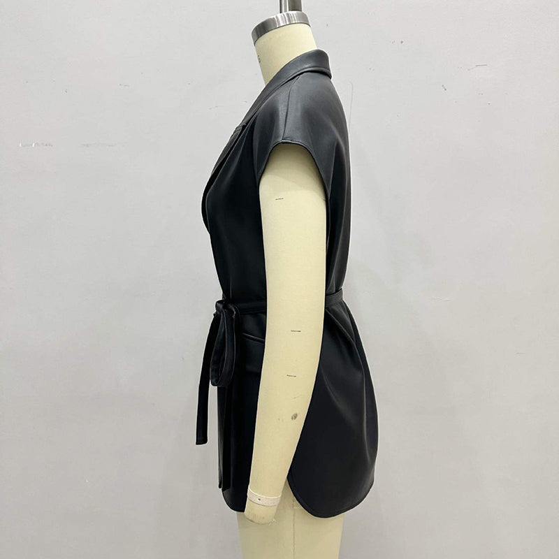 Women's Faux Leather Vest, Lapel Collar Sleeveless Casual Work Jacket With Belt