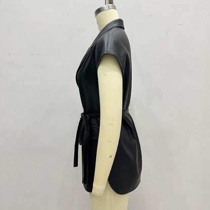 Women's Faux Leather Vest, Lapel Collar Sleeveless Casual Work Jacket With Belt