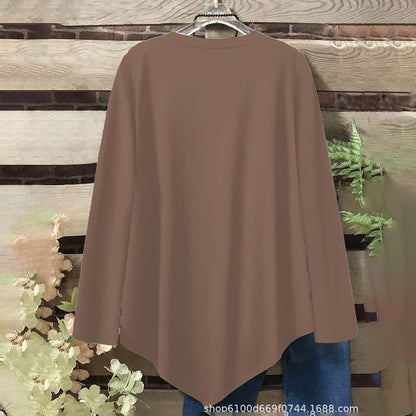 Plus Size Women's Round Neck Long Sleeve Top With Asymmetric Hem & Button Detail, Solid Color Casual Pullover For Spring Autumn