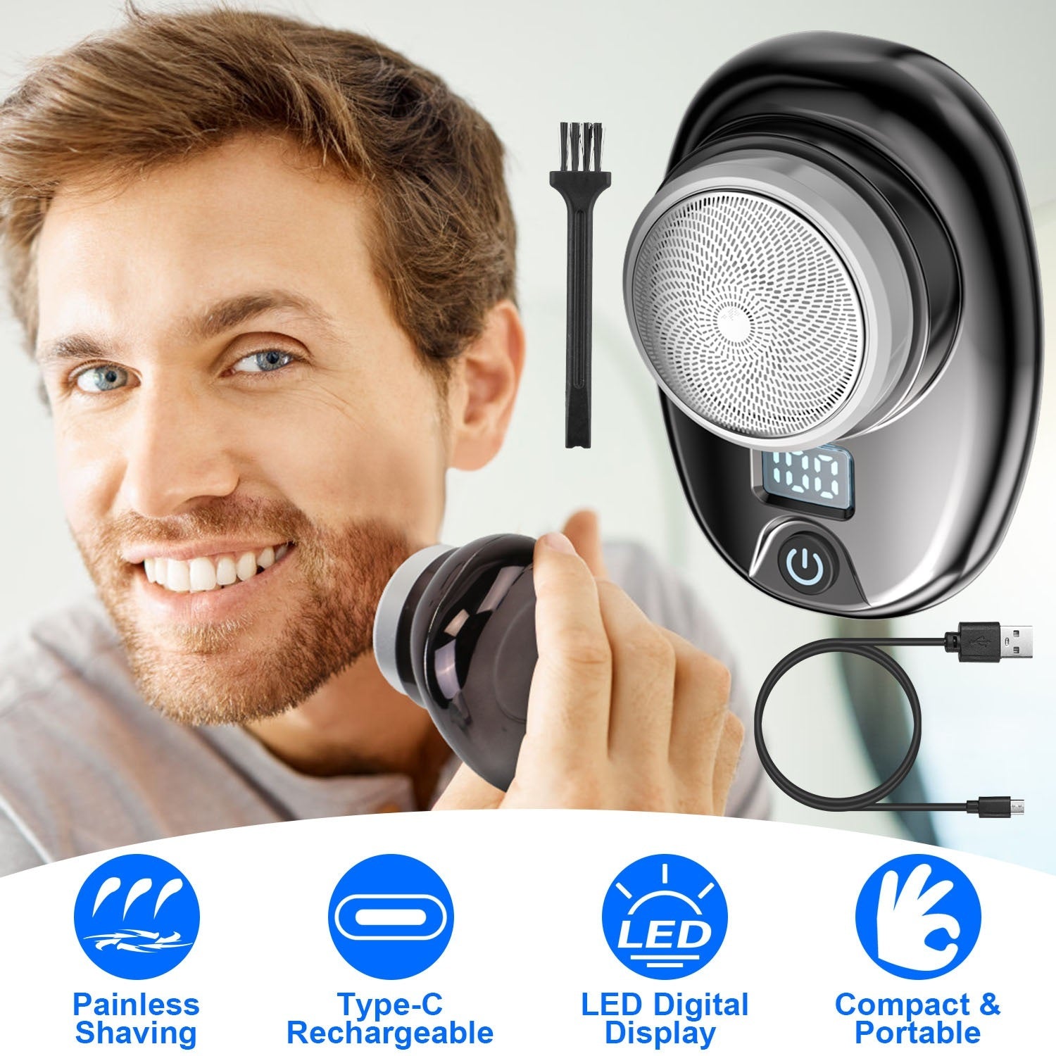 Gold-Blue-Black Color Options 1Pc Portable Electric Shaver With LED Digital Display Type-C Rechargeable Electric Razor For Men Electric Beard Trimmer For Home Office Travel Car