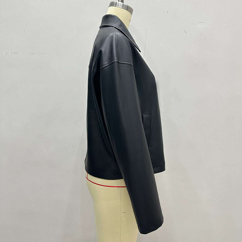 Women's Faux Leather Jacket, Cropped Zip Up Long Sleeve Casual Coat With Pockets