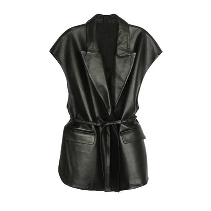Women's Faux Leather Vest, Lapel Collar Sleeveless Casual Work Jacket With Belt