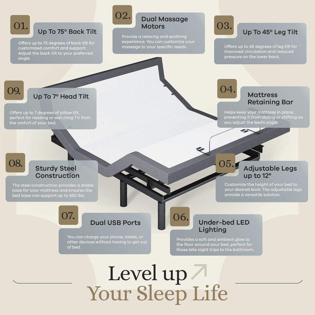 Harmony Adjustable Bed Base, Head and Foot Lift, Massage, Under-Bed Lights, USB, Gel Memory, Zero Gravity Smart Frame - Queen