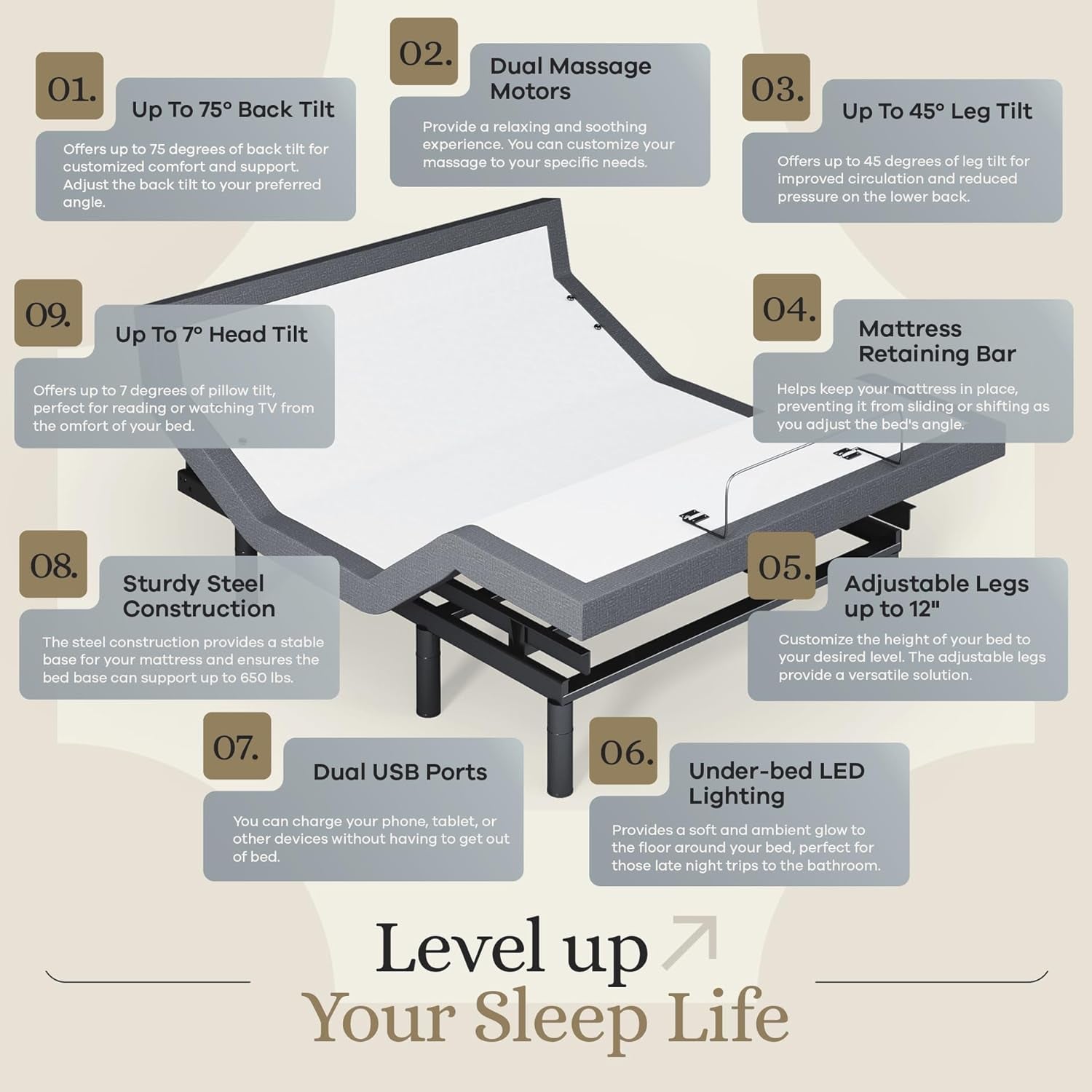 Harmony Adjustable Bed Base, Head and Foot Lift, Massage, Under-Bed Lights, USB, Gel Memory, Zero Gravity Smart Frame - Queen