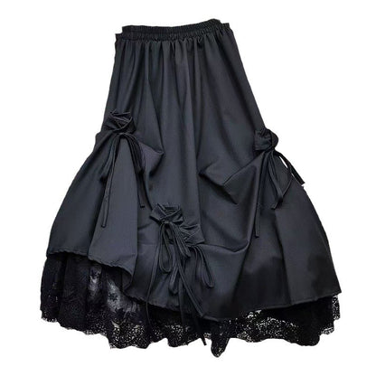 High-waisted Bow Heavy Work Spliced Lace A-line Midi Skirt