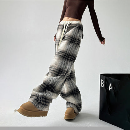 Women's High-Waisted Plaid Wide Leg Pants, Check Pattern Trousers With Drawstring Waist And Pockets