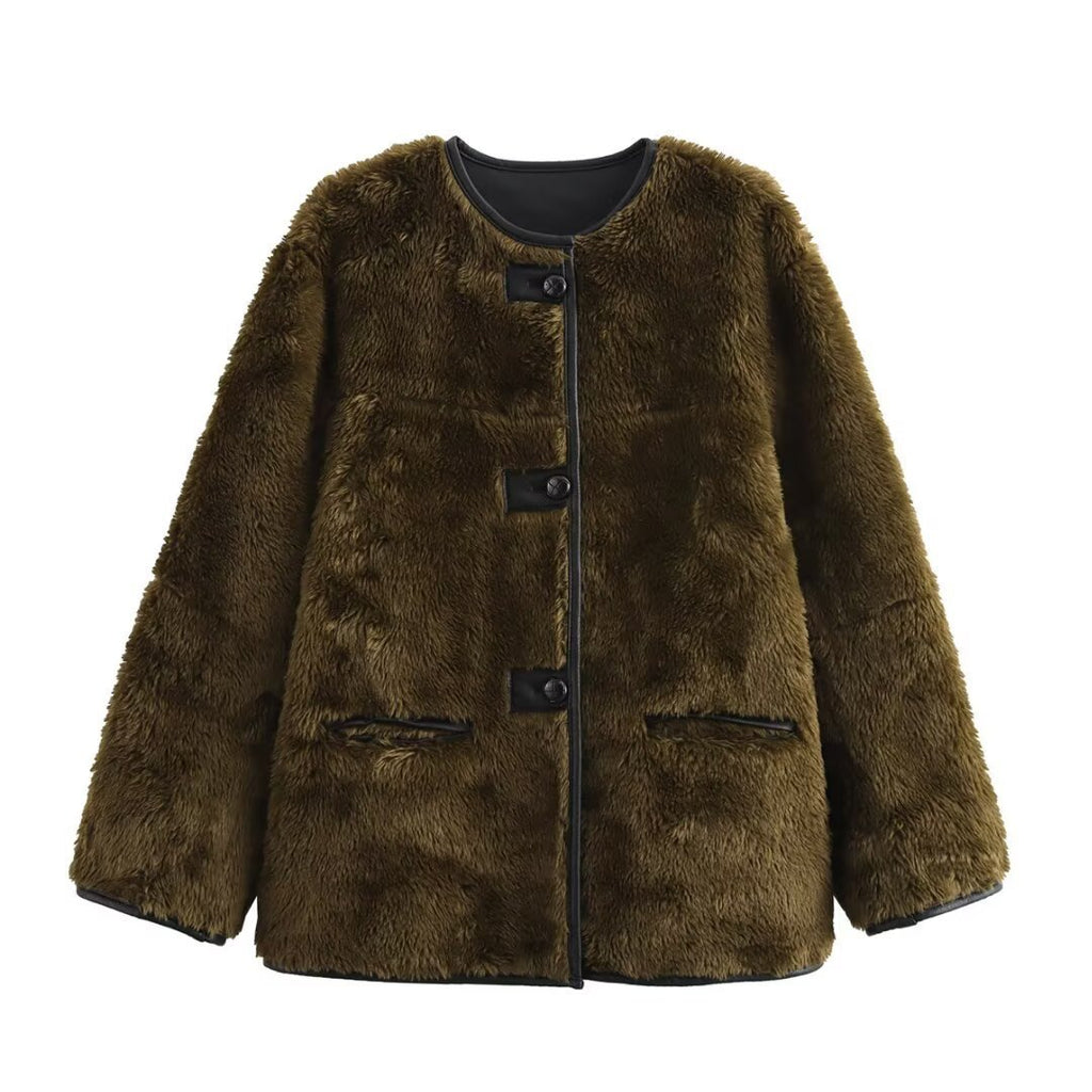 Manteau en peluche à fourrure tricolore pour femme