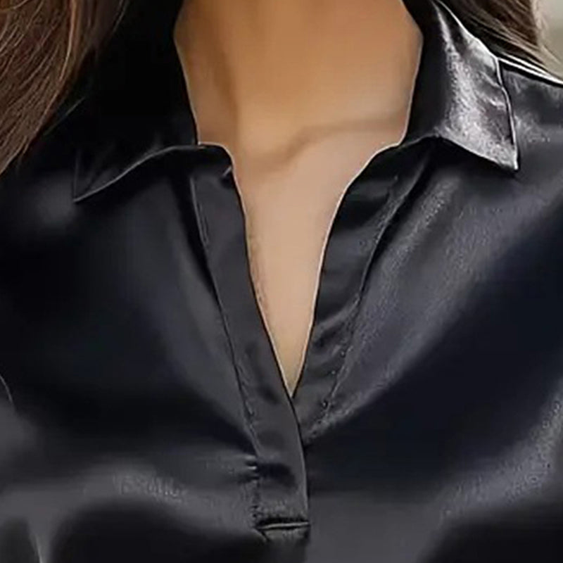 Women's Elegant Long Sleeve V-Neck Solid Color Relaxed Fit Solid Shirt, Business Casual Office Blouse For Fall
