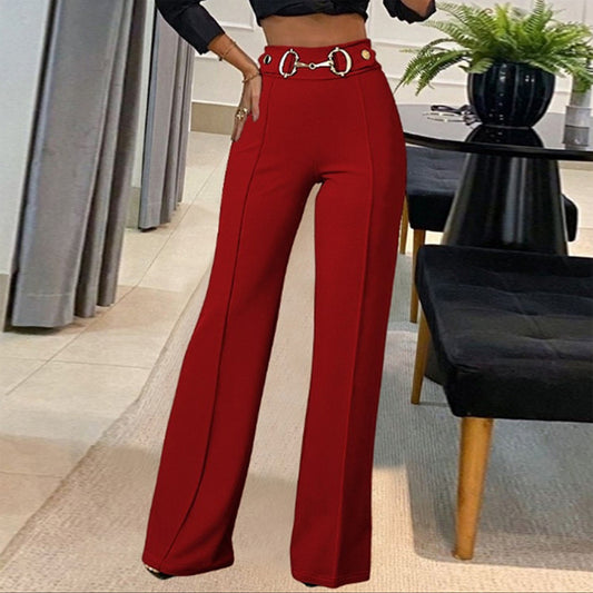 Women's High-Waisted Straight Leg Pants, Solid Color Tailored Trousers With Decorative Waist For Office Wear