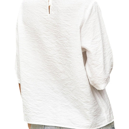 Hollow-Out Womens Cotton-Linen Casual Solid-Color Three-Quarter-Sleeve Shirt