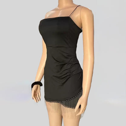 Women's Sexy Tassel Hem Bodycon Dress - Spaghetti Strap Mini Dress For Night Club
