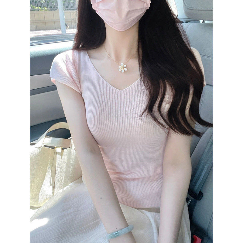 Cream-yellow V-neck Cap-sleeve Short-sleeve Womens Summer Top