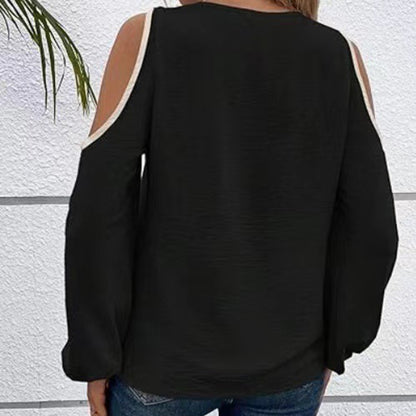 Women's Cold Shoulder Color Block Long Sleeve Tee Shirt Casual Going Out Top
