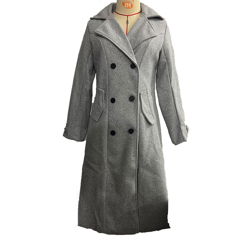 Women's Fall Winter Double Breasted Wool Coat Long Sleeve Notch Lapel Midi Long Trench Coat
